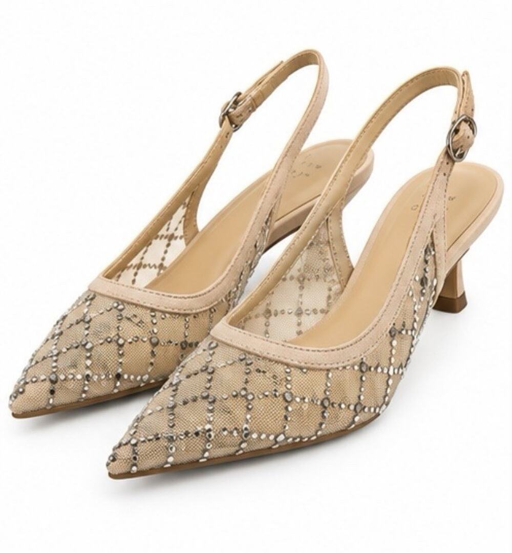 A New Day Women’s Size 7 Nude Rhinestone Mesh Pointed Toe Slingback Kitten Heels